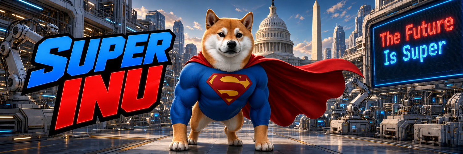 Super Inu stands in a futuristic capital. The Future Is Super.